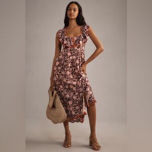 Anthropologie  Maeve Scoop-Neck Ruffled Embroidered Midi Dress Size Small